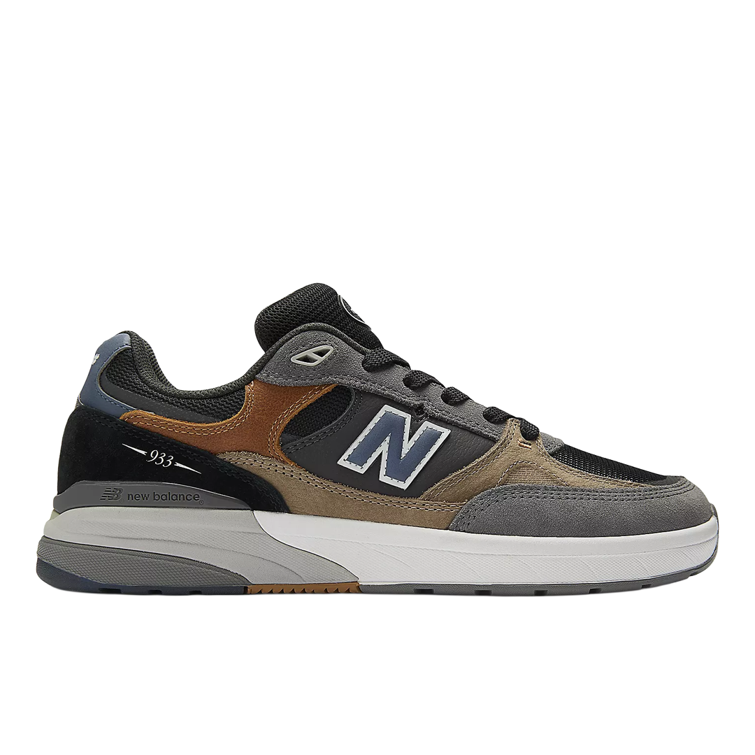 New Balance Numeric Andrew Reynolds 933 in Grey and Blue, photographed on-foot with visible suede upper, cupsole build, and ABZORB cushioning details.