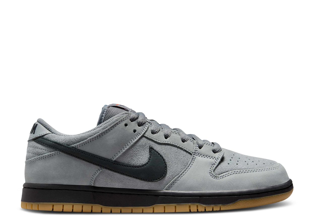 Nike SB Dunk Low Pro ISO in Cool Grey and Black featuring suede upper, Zoom Air cushioning, and gum outsole