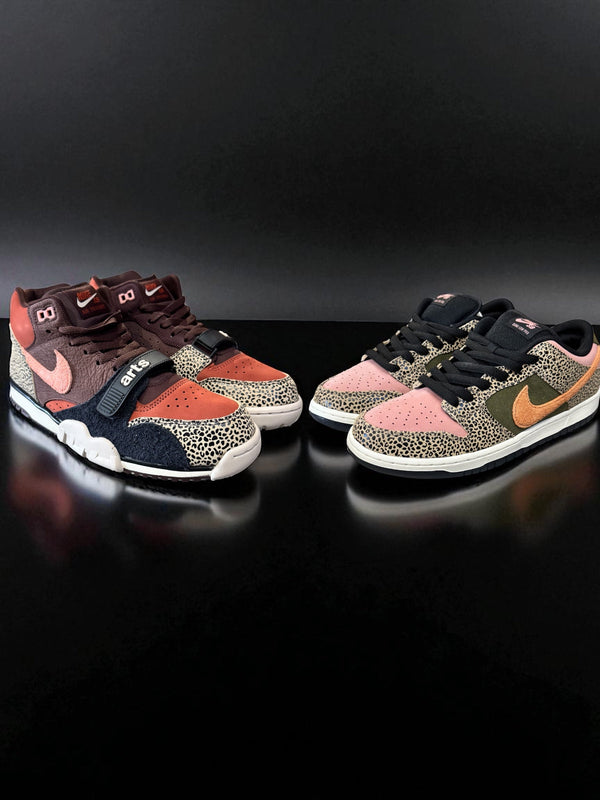 Nike SB x Arts-Rec Dunk Low Pro & Air Trainers 1 capsule in fall-inspired tones and cheetah print. An exclusive collaboration with Art-Rec Skate Shop in San Diego.