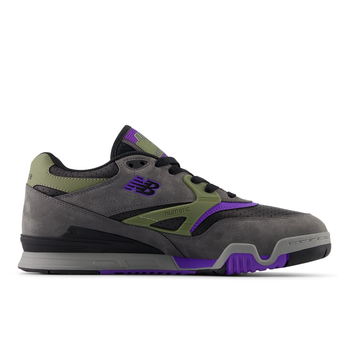 Gray and green sneakers with purple accents on a white background