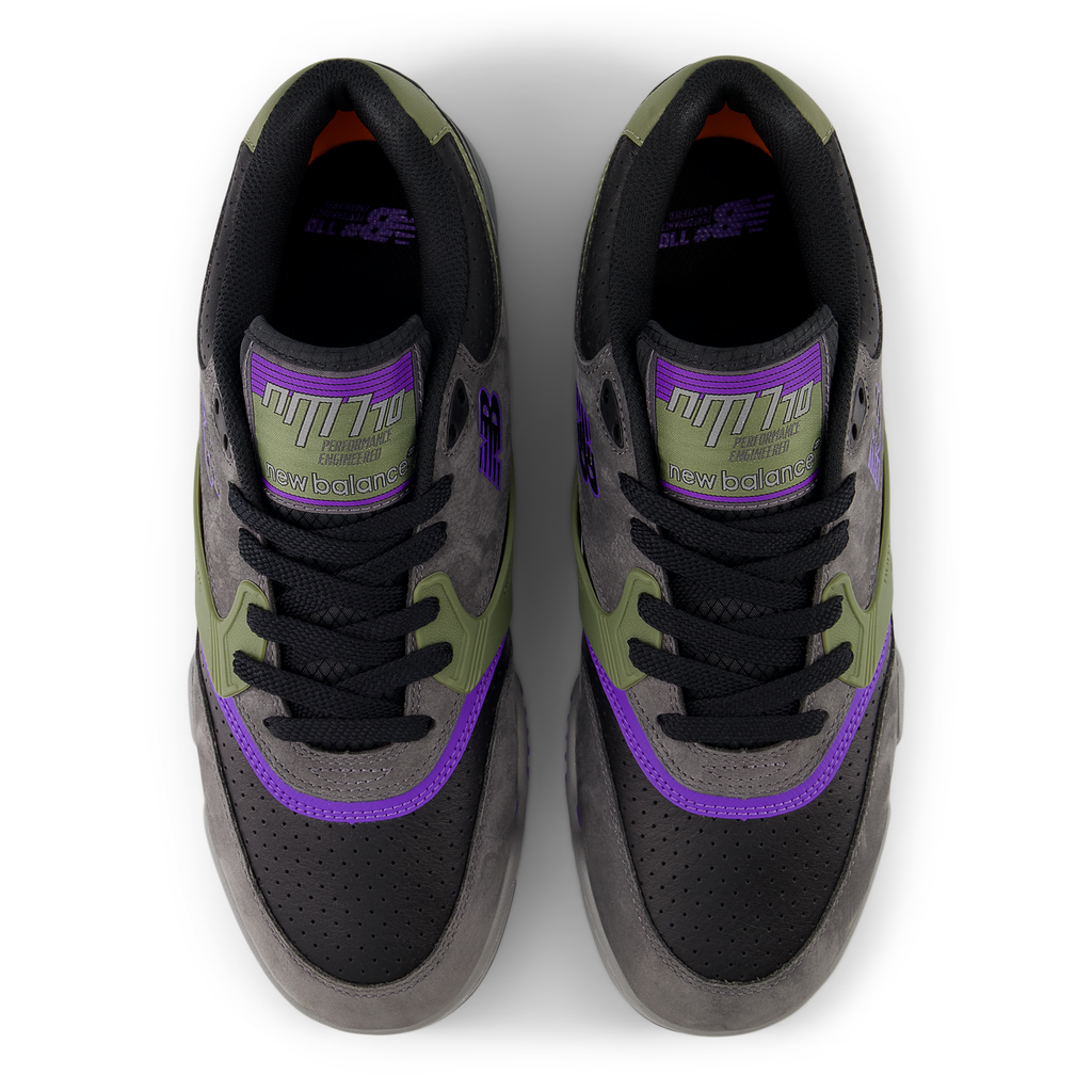 Pair of black and gray sneakers with purple accents on a white background