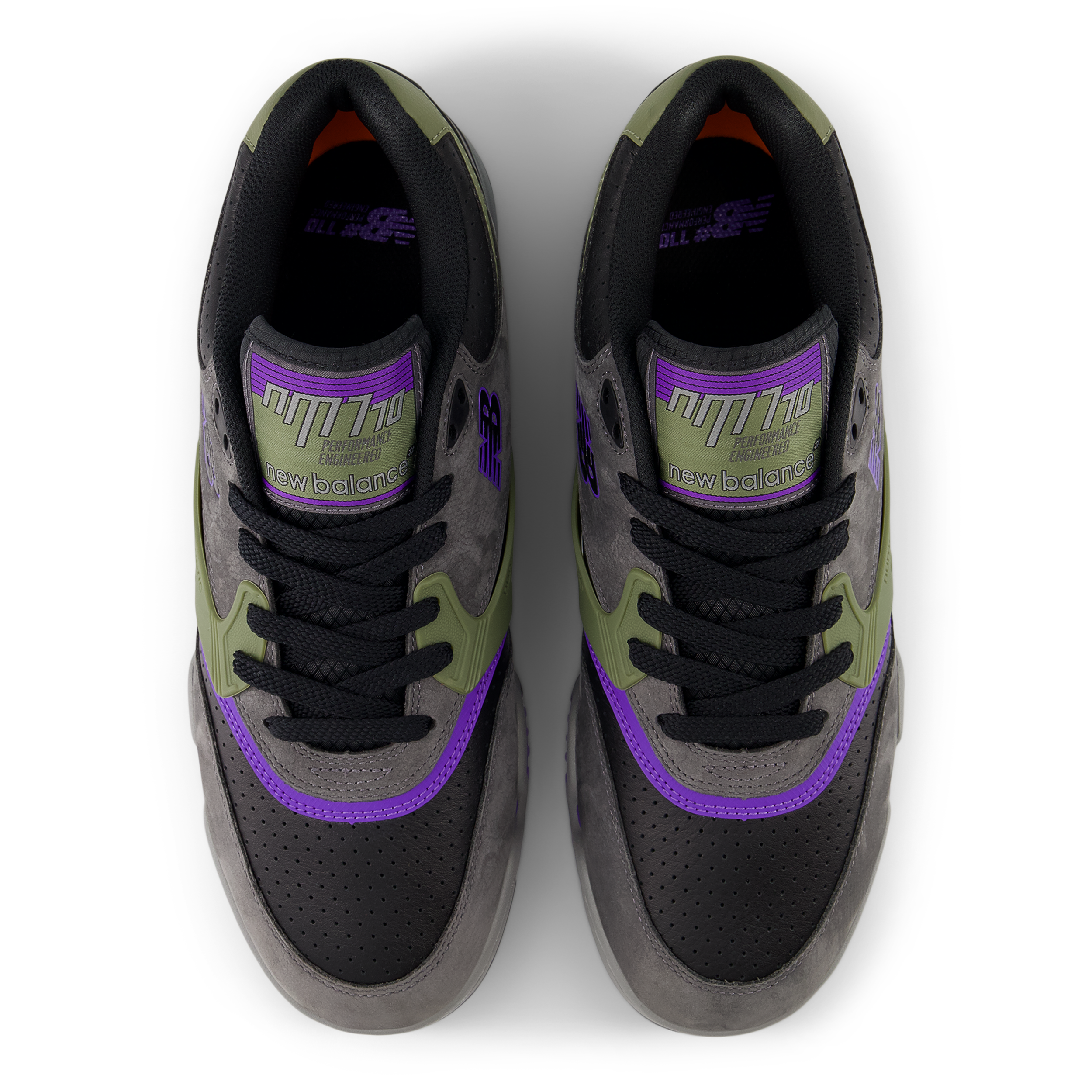 Pair of black and gray sneakers with purple accents on a white background