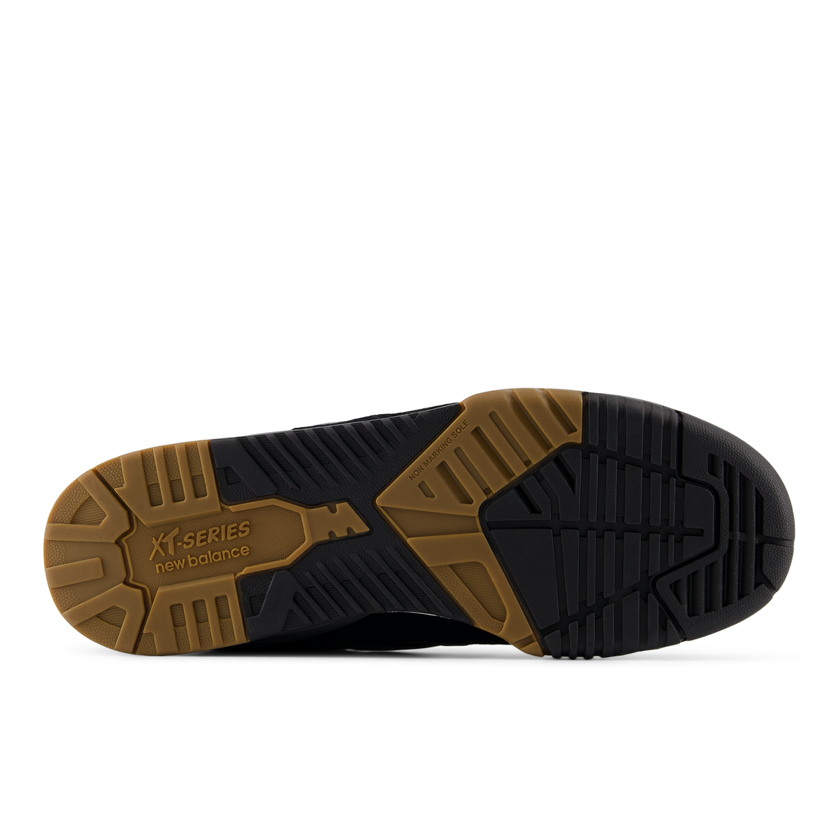 Close-up of a black and brown shoe sole with 'XT-Series' branding on a white background