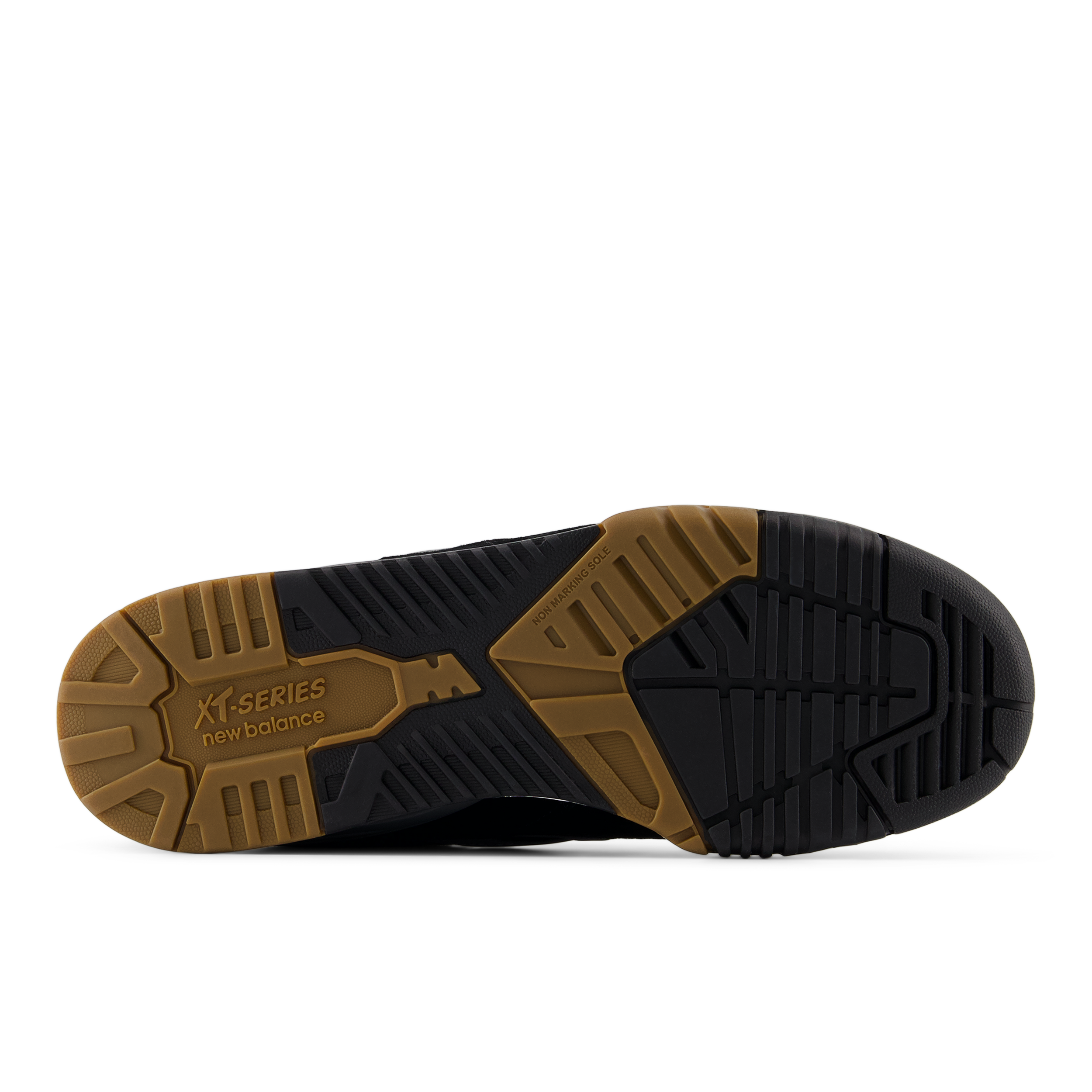Close-up of a black and brown shoe sole with 'XT-Series' branding on a white background